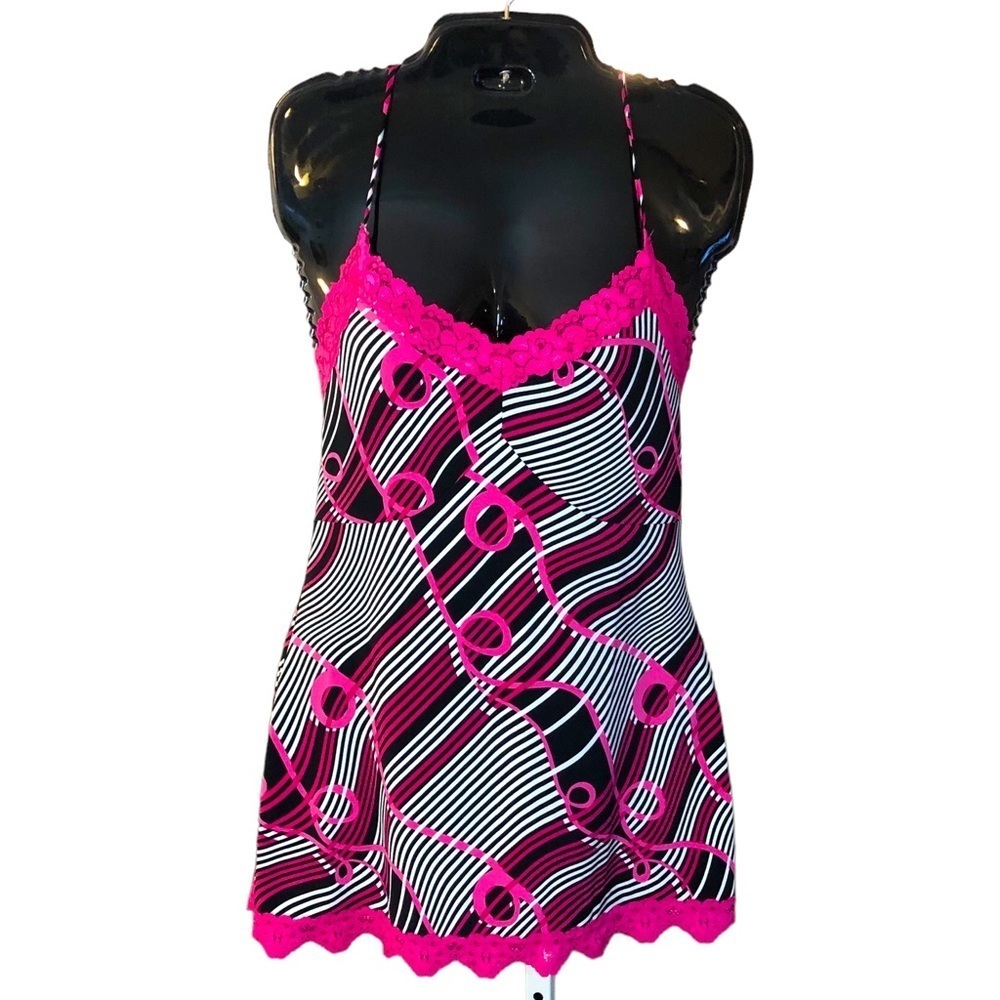 Pink Black & White Chemise Negligee Lingerie Lace Spaghetti Straps​​​​